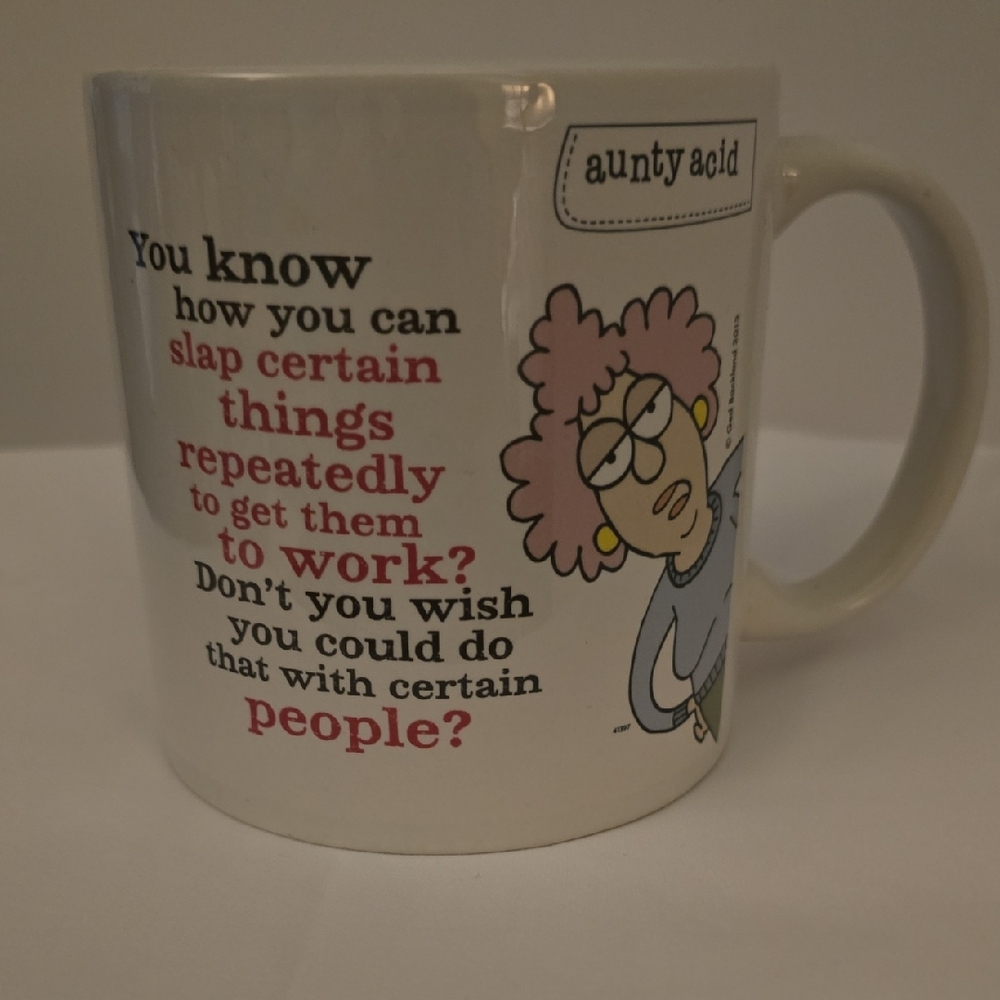 White and Red Ceramic Mug with Humorous Cartoon Design